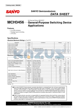 MCH3456 datasheet - N-Channel Silicon MOSFET General-Purpose Switching Device Applications