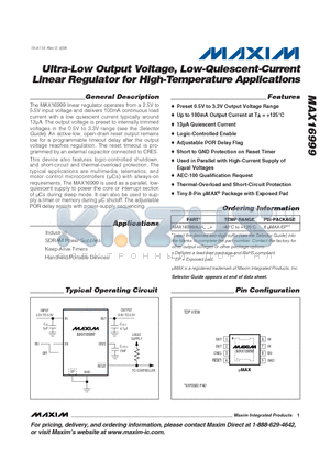 MAX16999 datasheet - Ultra-Low Output Voltage, Low-Quiescent-Current Linear Regulator for High-Temperature Applications