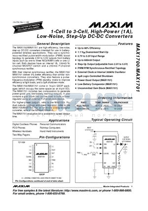MAX1700 datasheet - 1-Cell to 3-Cell, High-Power 1A, Low-Noise, Step-Up DC-DC Converters