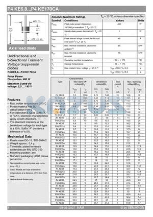 P4KE11A datasheet - Unidirectional and bidirectional Transient Voltage Suppressor diodes