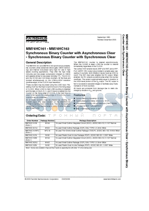 MM74HC161M datasheet - Synchronous Binary Counter with Asynchronous Clear Synchronous Binary Counter with Synchronous Clear