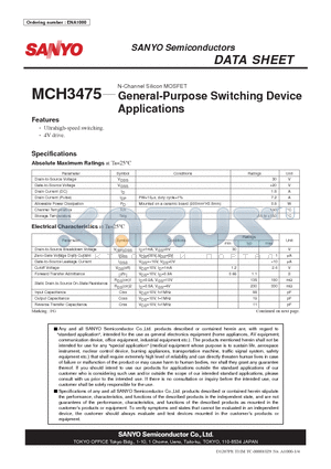 MCH3475 datasheet - N-Channel Silicon MOSFET General-Purpose Switching Device Applications
