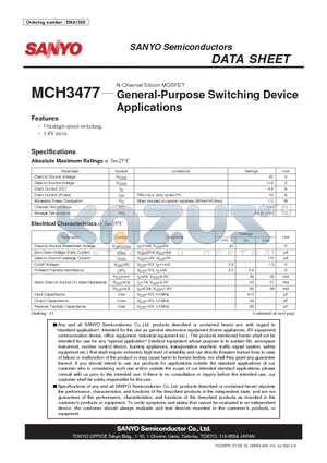 MCH3477 datasheet - N-Channel Silicon MOSFET General-Purpose Switching Device Applications