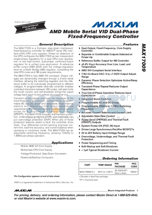 MAX17009 datasheet - AMD Mobile Serial VID Dual-Phase Fixed-Frequency Controller