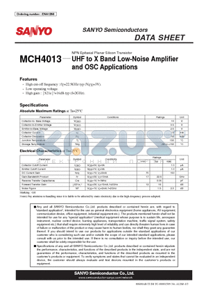 MCH4013 datasheet - NPN Epitaxial Planar Silicon Transistor UHF to X Band Low-Noise Amplifier and OSC Applications