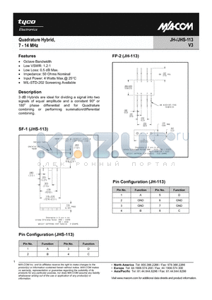 JH-113PIN datasheet - Quadrature Hybrid, 7 - 14 MHz