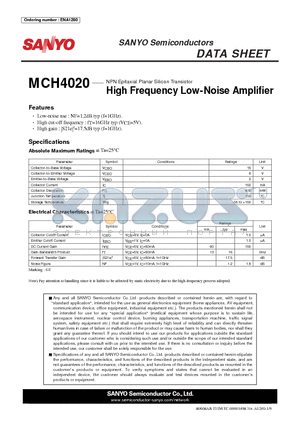 MCH4020 datasheet - NPN Epitaxial Planar Silicon Transistor High Frequency Low-Noise Amplifi er