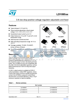 LD1085DT18R datasheet - 3 A low drop positive voltage regulator adjustable and fixed