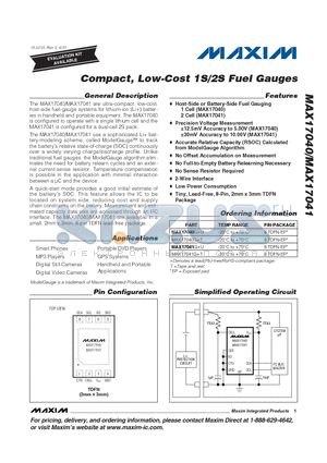 MAX17041 datasheet - Compact, Low-Cost 1S/2S Fuel Gauges