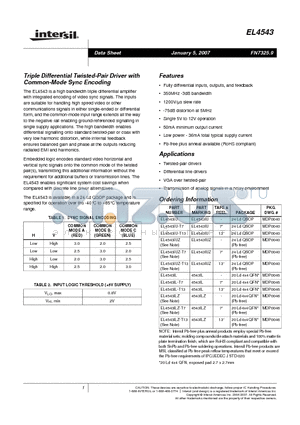 EL4543IUZ-T7 datasheet - Triple Differential Twisted-Pair Driver with Common-Mode Sync Encoding