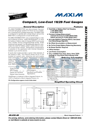 MAX17041X+ datasheet - Compact, Low-Cost 1S/2S Fuel Gauges