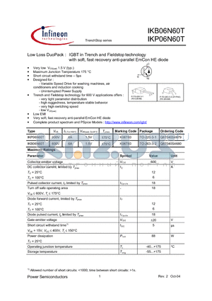 IKB06N60T datasheet - Low Loss DuoPack : IGBT in Trench and Fieldstop technology with soft, fast recovery anti-parallel EmCon HE diode