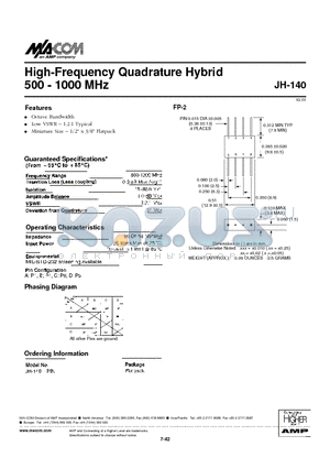 JH-140 datasheet - High-Frequency Quadrature Hybrid 500 - 1000 MHz