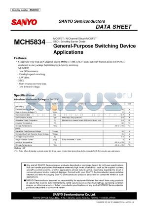 MCH5834 datasheet - MOSFET : N-Channel Silicon MOSFET SBD : Schottky Barrier Diode General-Purpose Switching Device Applications