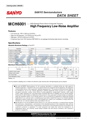 MCH6001 datasheet - NPN Epitaxial Planar Silicon Composite Transistor High Frequency Low-Noise Amplifi er