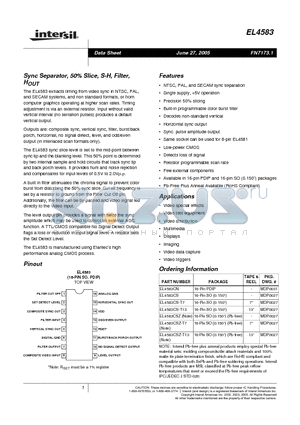EL4583CSZ-T13 datasheet - Sync Separator, 50% Slice, S-H, Filter, Horizontal sync output