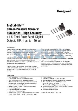 HSCSAAD001PD4A3 datasheet - TruStability silicon Pressure Sensors: HSC Series-High Accuracy -1% total Error band,Analog output,SIP,1 psi to 150 psi