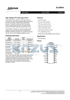 EL5000AER-T7 datasheet - High Voltage TFT-LCD Logic Driver