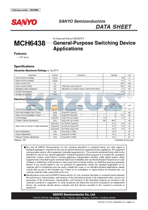 MCH6438 datasheet - P-Channel Silicon MOSFET General-Purpose Switching Device Applications