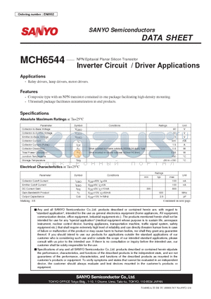 MCH6544 datasheet - NPN Epitaxial Planar Silicon Transistor Inverter Circuit / Driver Applications
