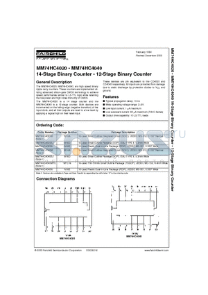 MM74HC4020M datasheet - 14-Stage Binary Counter  12-Stage Binary Counter