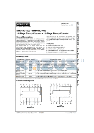 MM74HC4020MTC datasheet - 14-Stage Binary Counter  12-Stage Binary Counter