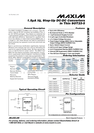 MAX1722 datasheet - 1.5uA IQ, Step-Up DC-DC Converters in Thin SOT23-5