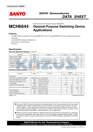 MCH6644 datasheet - N-Channel and P-Channel Silicon MOSFETs General-Purpose Switching Device