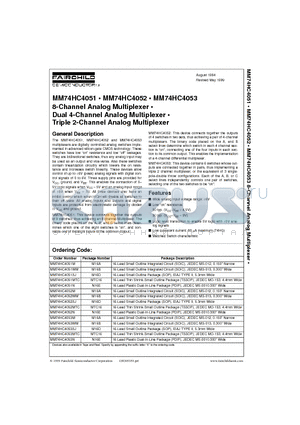 MM74HC4051MX datasheet - 8-Channel Analog Multiplexer . Dual 4-Channel Analog Multiplexer . Triple 2-Channel Analog Multiplexer