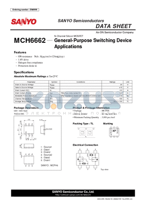 MCH6662 datasheet - N-Channel Silicon MOSFET General-Purpose Switching Device Applications