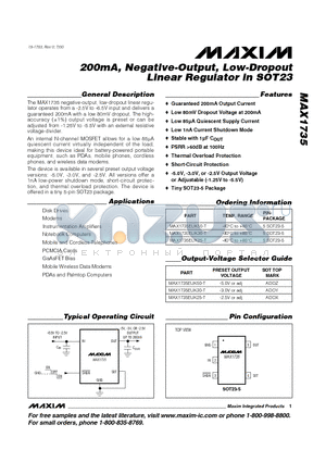 MAX1735 datasheet - 200mA, Negative-Output, Low-Dropout Linear Regulator in SOT23