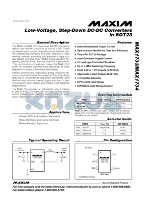 MAX1733EUK-T datasheet - Low-Voltage, Step-Down DC-DC Converters in SOT23
