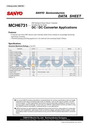 MCH6731 datasheet - PNP Epitaxial Planar Silicon Transistor Schottky Barrier Diode DC / DC Converter Applications