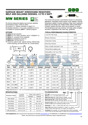 MW2-100 datasheet - SURFACE MOUNT WIREWOUND RESISTORS MELF AND GULLWING DESIGNS, 1/2 TO 5 WATT