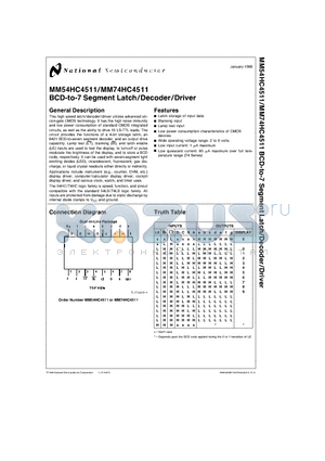 MM74HC4511 datasheet - BCD-to-7 Segment Latch/Decoder/Driver