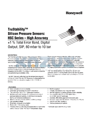 HSCSAAD006BA7A3 datasheet - TruStability silicon Pressure Sensors: HSC Series-High Accuracy -1% total Error band,Analog output,SIP,60 mbar to,10 bar