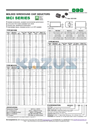 MCI1812-100KTW datasheet - MOLDED WIREWOUND CHIP INDUCTORS