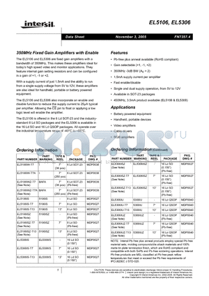 EL5106 datasheet - 350MHz Fixed Gain Amplifiers with Enable