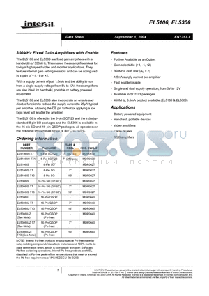 EL5106IW-T7 datasheet - 350MHz Fixed Gain Amplifiers with Enable