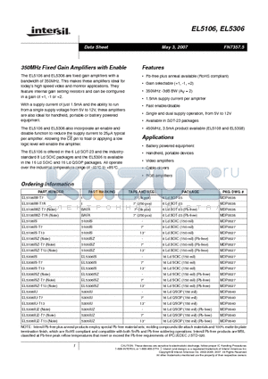 EL5106IWZ-T7 datasheet - 350MHz Fixed Gain Amplifiers with Enable