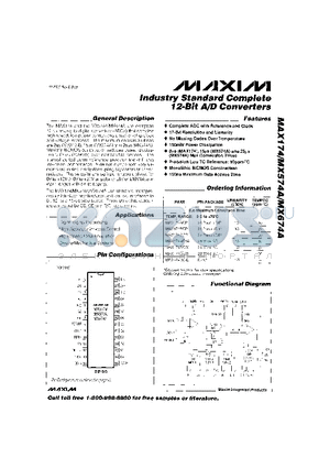 MAX174CCPI datasheet - Industry Standard Complete 12-Bit A/D Converters