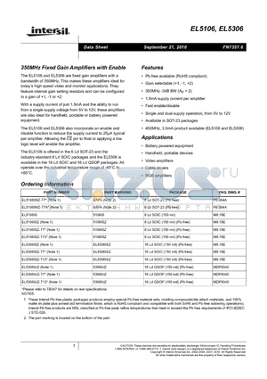 EL5106ISZ-T7 datasheet - 350MHz Fixed Gain Amplifiers with Enable