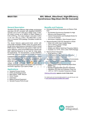 MAX17501AATB datasheet - 60V, 500mA, Ultra-Small, High-Efficiency, Synchronous Step-Down DC-DC Converter