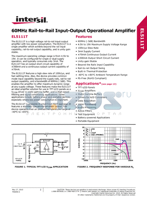 EL5111TIWTZ-T7A datasheet - 60MHz Rail-to-Rail Input-Output Operational Amplifier