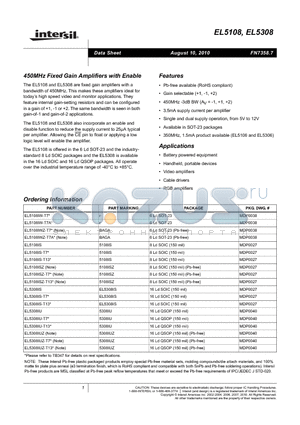 EL5108ISZ-T13 datasheet - 450MHz Fixed Gain Amplifiers with Enable