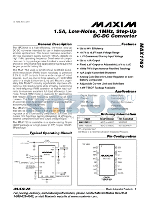 MAX1763 datasheet - 1.5A, Low-Noise, 1MHz, Step-Up DC-DC Converter