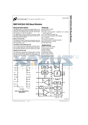 MM74HC942N datasheet - MM74HC942 is a full duplex low speed modem