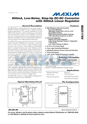 MAX1765 datasheet - 800mA, Low-Noise, Step-Up DC-DC Converter with 500mA Linear Regulator