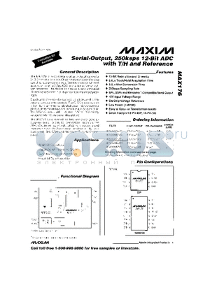 MAX176ACPA datasheet - Serial-Output, 250Ksps 12-Bit ADC with T/H and Refernce
