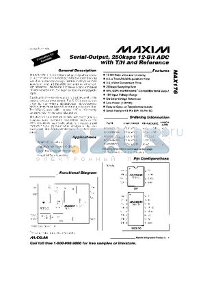 MAX176ACWE datasheet - Serial-Output, 250Ksps 12-Bit ADC with T/H and Refernce